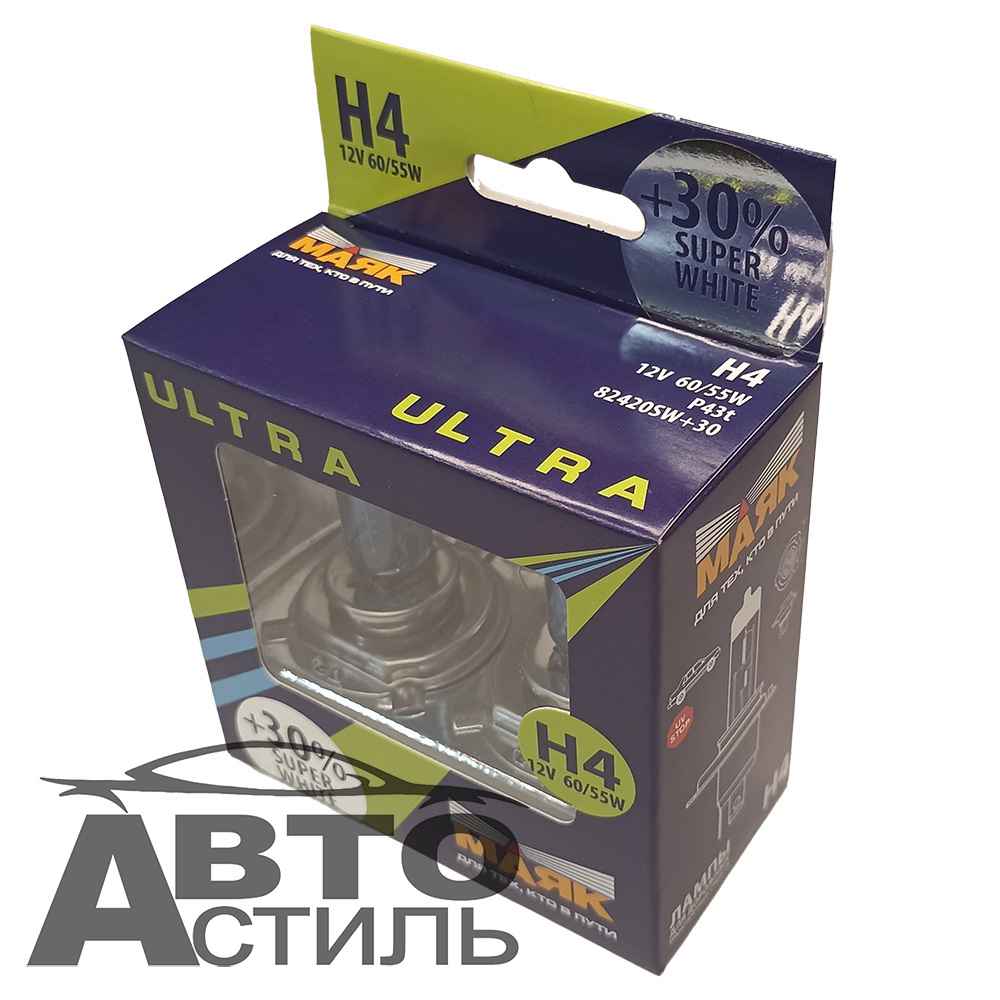 Автолампа H4 12V 60/55W P43t Маяк  +30% Super White 82420SW+30 (к-т)