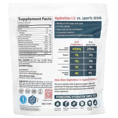Trace, Hydration IV, Пакеты для напитков с электролитами, малиново-лимонадный вкус, 16 пакетов по 0,56 унции (16 г) каждый