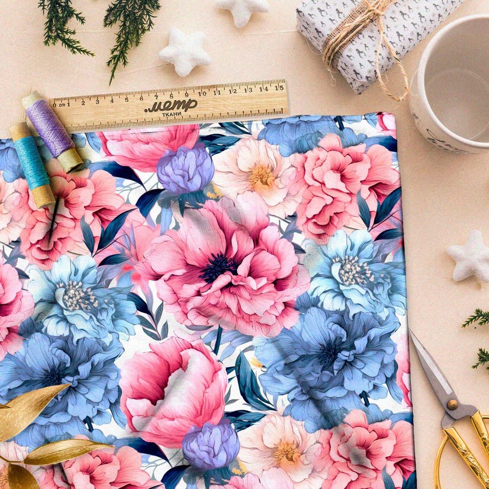 Ткань премиум атлас пионы в вихре