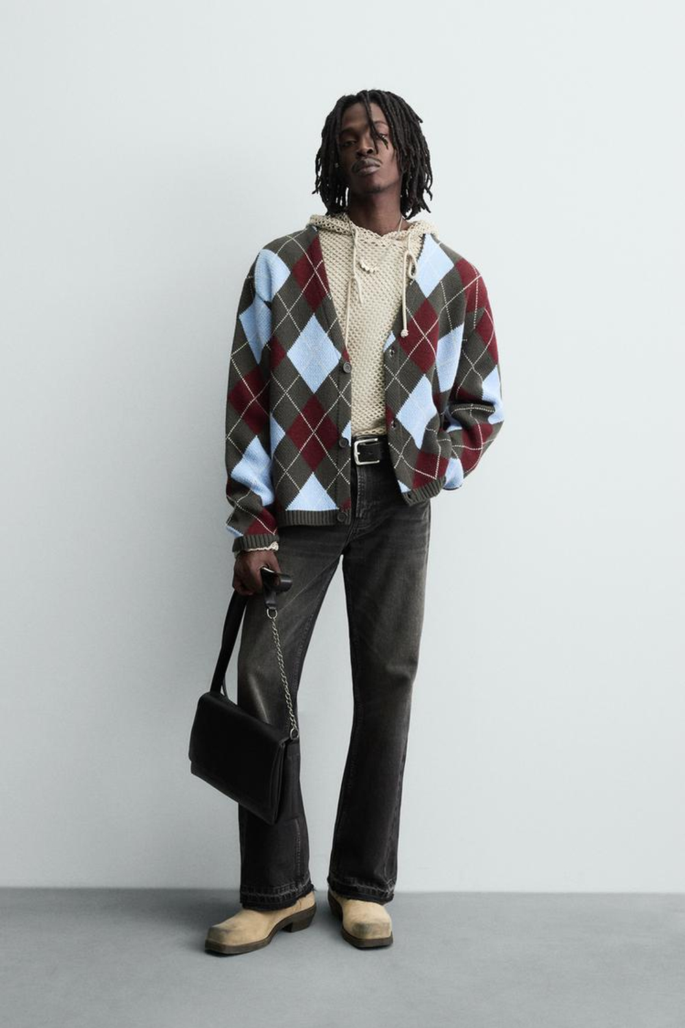 ZARA КАРДИГАН С УЗОРОМ "РОМБЫ", ШОКОЛАДНЫЙ