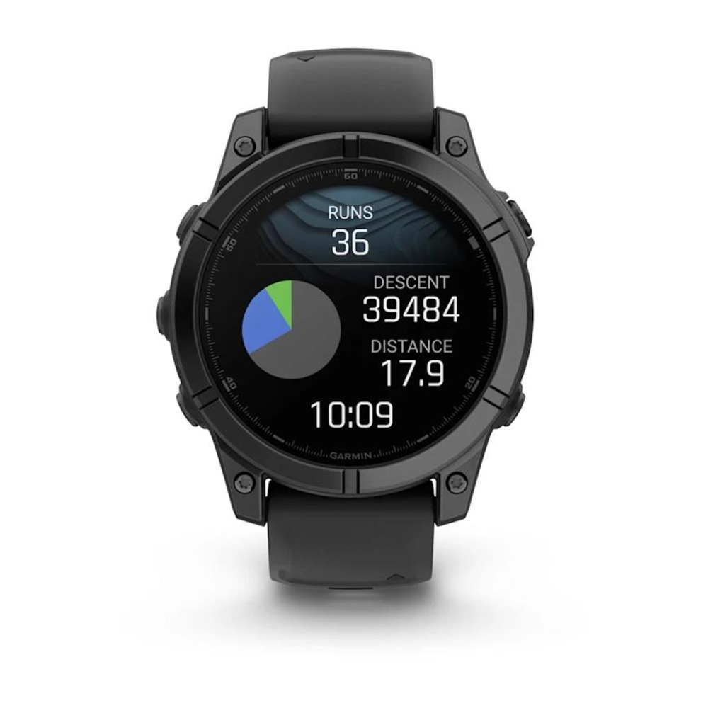 Спортивные часы Garmin fenix E, 47 мм, AMOLED, синевато-серый безель, чёрный силиконовый ремешок Безель из нержавеющей стали, AMOLED-дисплей со стеклом Gorilla Glass. Ремешок с классической застёжкой — на запястье обхватом 125–208 мм