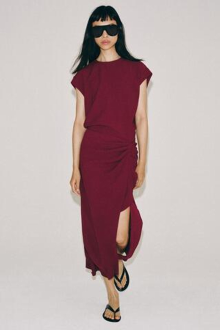 ZARA ПЛАТЬЕ МИДИ С ВОЛАНАМИ — ZW COLLECTION, БУРГУНДИ