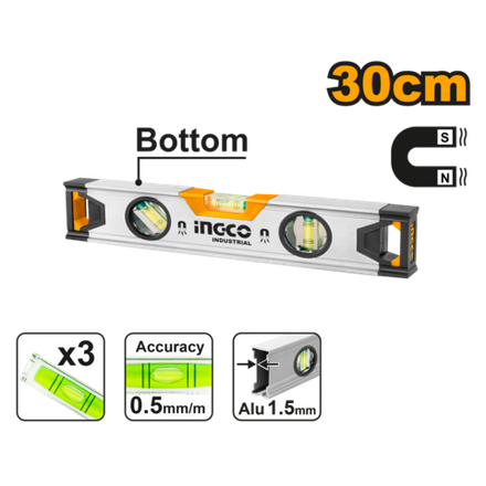 Строительный алюминиевый уровень магнитный INGCO HSL38030M INDUSTRIAL 30 см