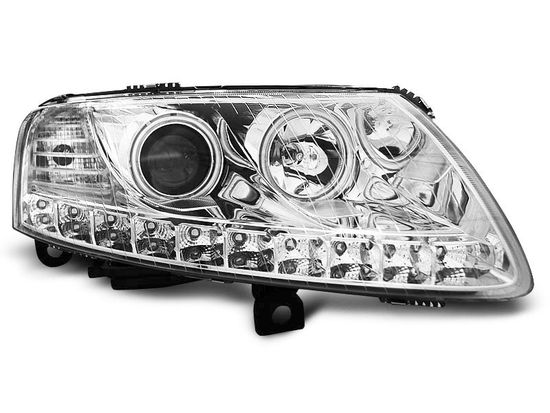 Передние фары Audi A6 C6 angel eyes led chrome