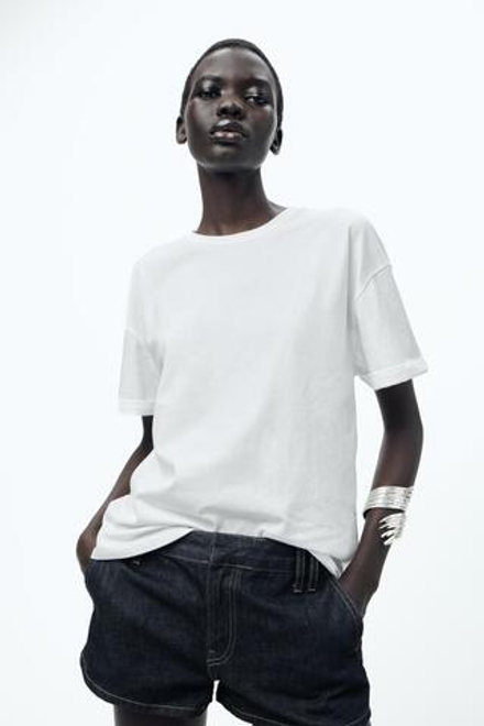 ZARA ФУТБОЛКА ИЗ ПЛОТНОГО ХЛОПКА, БЕЛЫЙ