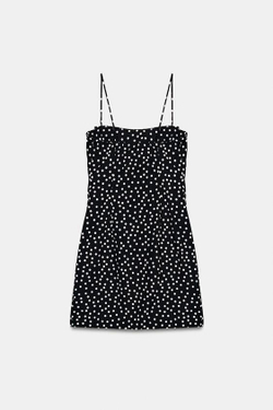 ZARA МИНИ-ПЛАТЬЕ В ГОРОШЕК, ЧЕРНЫЙ/БЕЛЫЙ