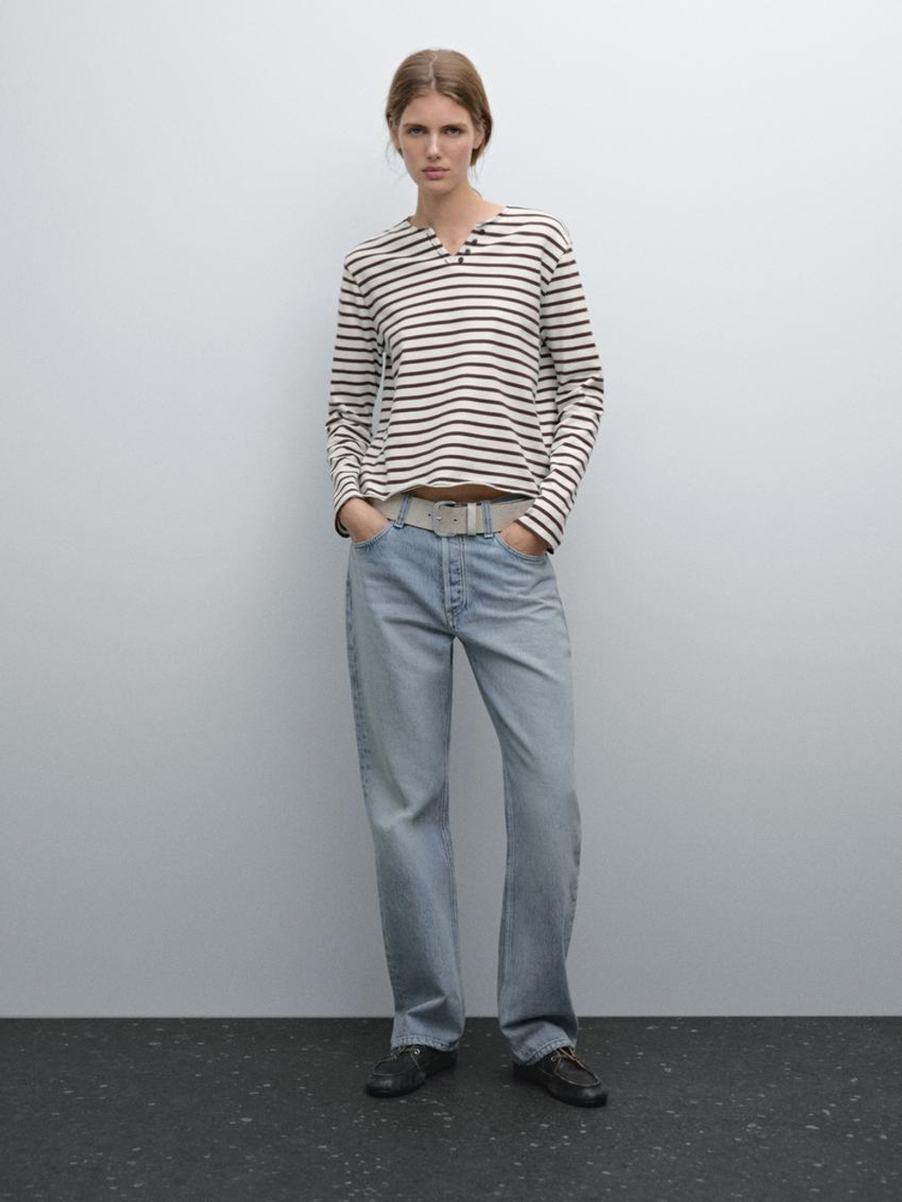 Massimo Dutti Футболка из 100% хлопка с пуговицами на горловине, коричневый