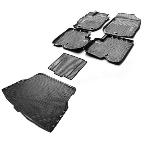 Коврики в салон и багажник автомобиля (комплект) Rival для Nissan Almera G15 седан 2012-2018, полиуретан, с крепежом, 6 частей, K14101001-2
