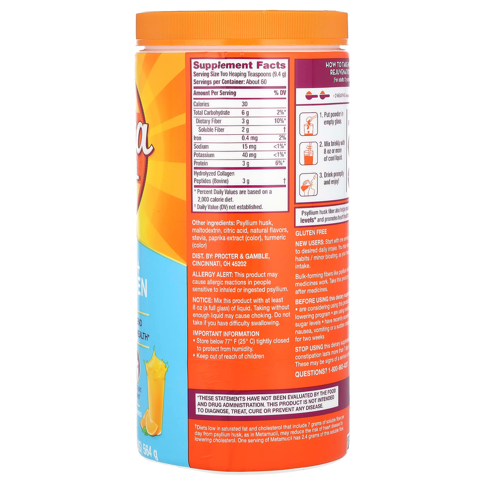 Metamucil, клетчатка и пептиды коллагена, со вкусом апельсина, 564 г (1,2 фунта)