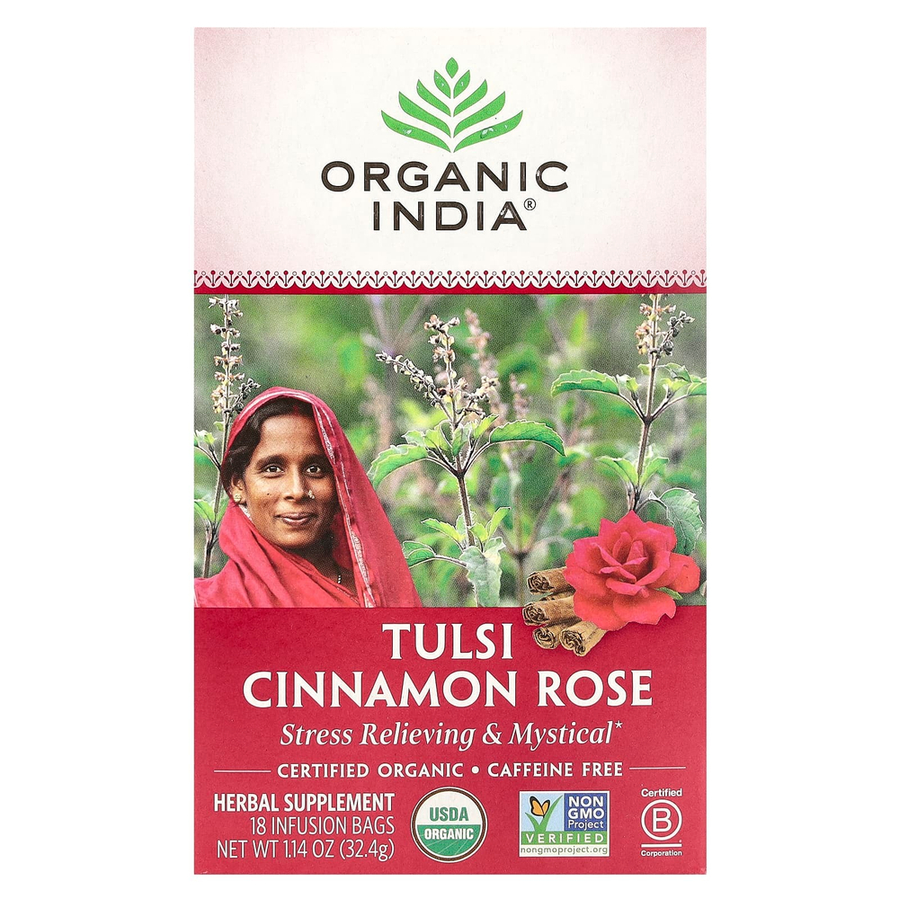 Organic India, Tulsi Tea, роза с корицей, без кофеина, 18 пакетиков для заваривания, 32,4 г (1,14 унции)