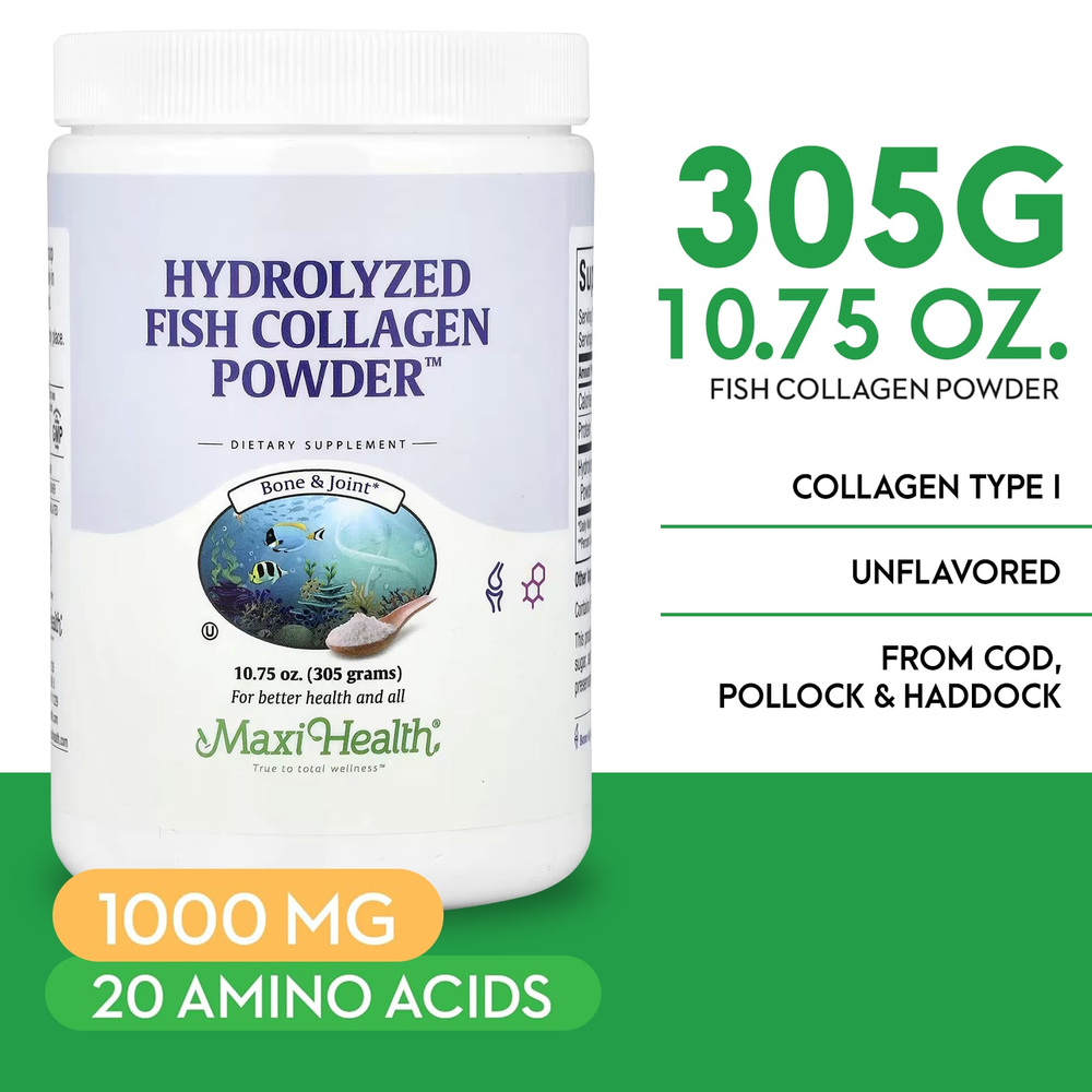 Maxi Health, Hydrolyzed Fish Collagen Powder™, гидролизованный рыбий коллаген, 305 г (10,75 унции)