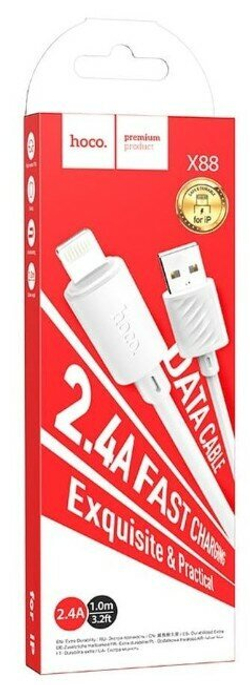 Кабель iPhone Lightning  HOCO X88 Gratified, 1м, круглый, 2.4A белый