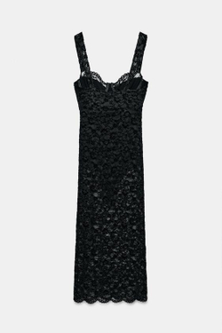 ZARA КРУЖЕВНОЕ ПЛАТЬЕ МИДИ, ЧЕРНЫЙ