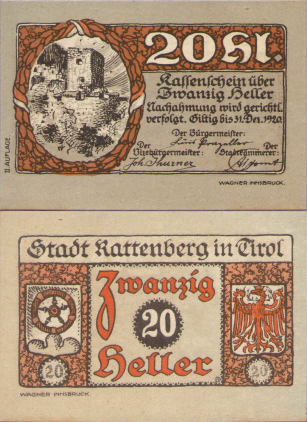 Австрия 20 геллеров 1920 Раттенберг aUNC