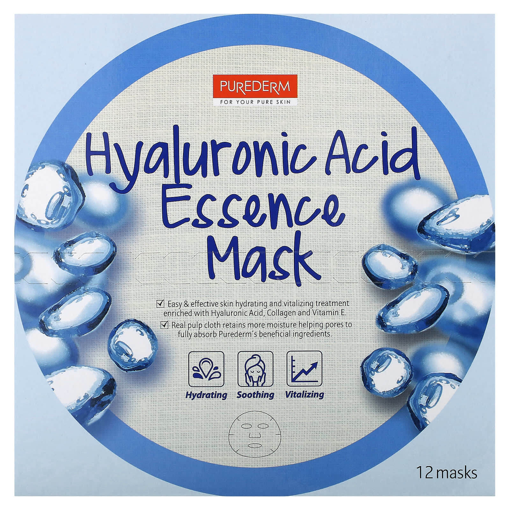 Purederm, Косметическая маска с гиалуроновой кислотой, 12 шт., 18 г (0,63 унции)