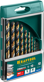 KRAFTOOL COBALT-8, 10 шт, (1-10 мм), сталь М42, HSS-Co(8%), набор сверл по металлу (29656-H10)