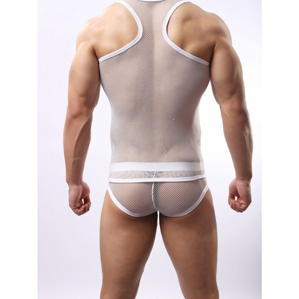 Мужская майка белая в крупную сетку WowHomme Mesh Sheer See White