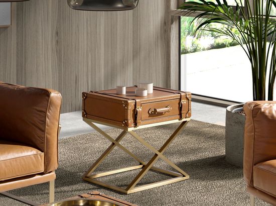 Прямоугольный угловой столик из кожи и золотистой стали 2148