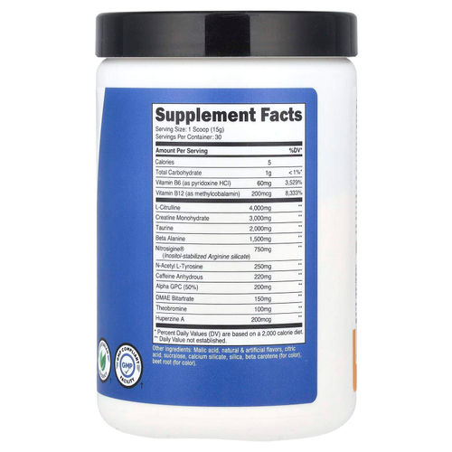 Nutricost, Предтренировочный комплекс для повышения производительности, предтренировочный комплекс с креатином, персиком и манго, 450 г (1 фунт)