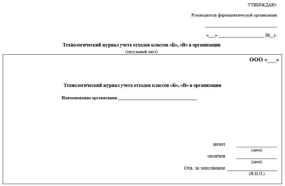 Технологический журнал учета отходов классов Б и В в организации