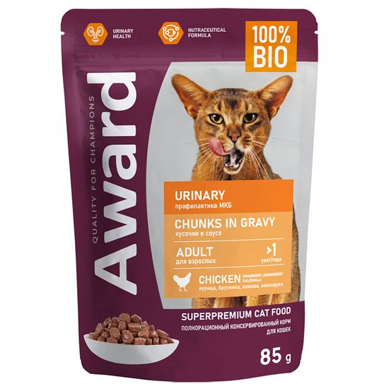 Влажный корм AWARD Urinary ДЛЯ ВЗРОСЛЫХ КОШЕК ДЛЯ ПРОФИЛАКТИКИ МОЧЕКАМЕННОЙ БОЛЕЗНИ кусочки в соусе с курицей, 85 гр