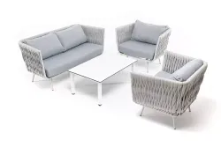 "Монако" лаунж-зона 4-местная из роупа со столом "Верона" (серый гранит), каркас светло-серый, роуп светло-серый