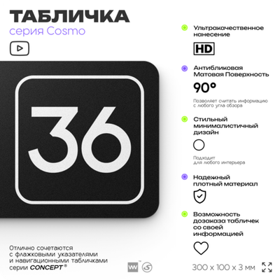 Табличка с номером помещения "Помещение №36", номер на дверь, 30 х 10 см, серия COSMO, черная, Айдентика Технолоджи
