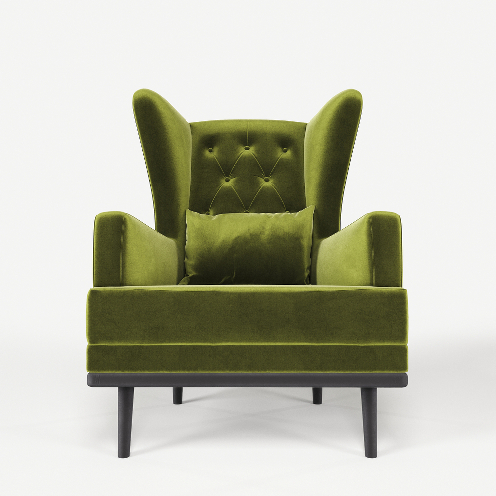 Мягкое кресло с ушами Фантазёр LUXE-8 (Зеленый 29) с каретной стяжкой, на высоких ножках, для отдыха и чтения книг. В гостиную, балкон, спальню и переговорную комнату.