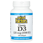 Natural Factors, Витамин D3, 125 мкг (5000 МЕ), 240 мягких таблеток