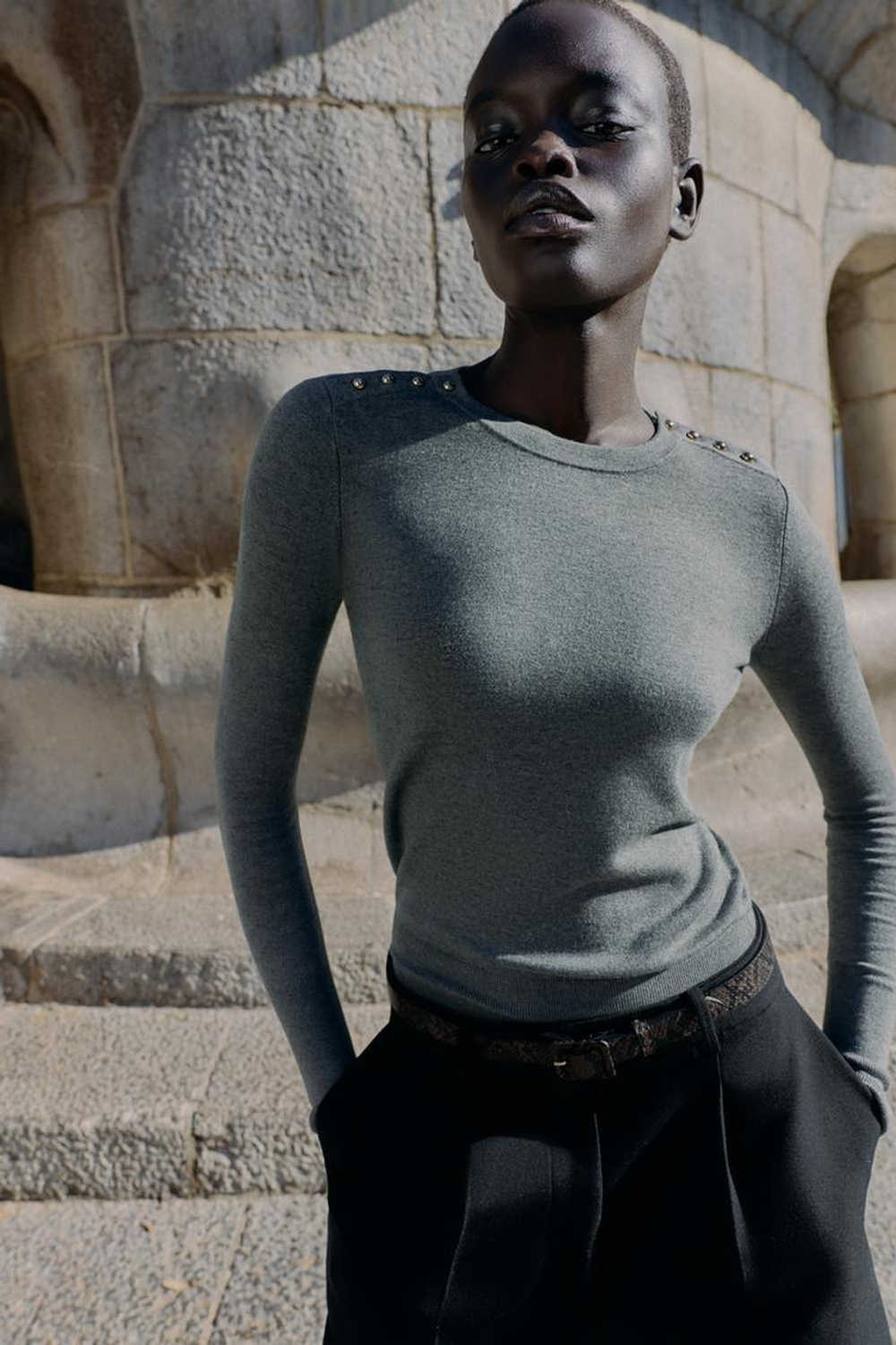 ZARA ВЯЗАНЫЙ СВИТЕР С ПУГОВИЦАМИ, СЕРЫЙ МЕЛАНЖ