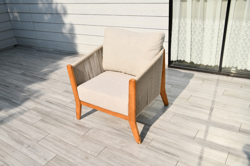 "Сидней" кресло плетеное из роупа, основание тик, каркас алюминий бежевый, роуп бежевый, ткань бежевая