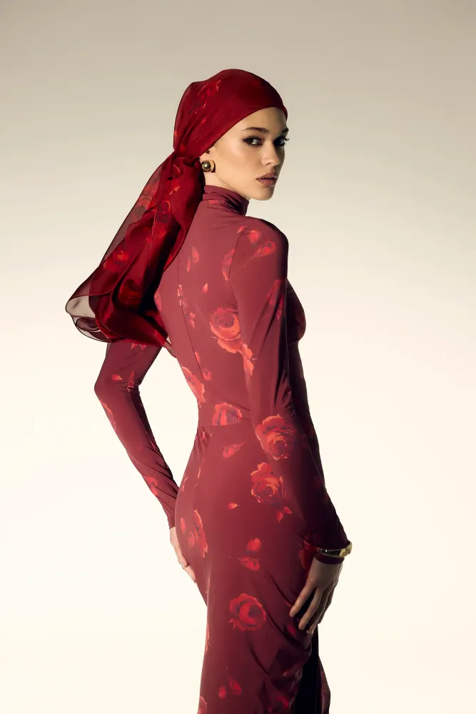 Иви макси (Ivy sleeves), платье макси из бордового бифлекса с цветочным принтом