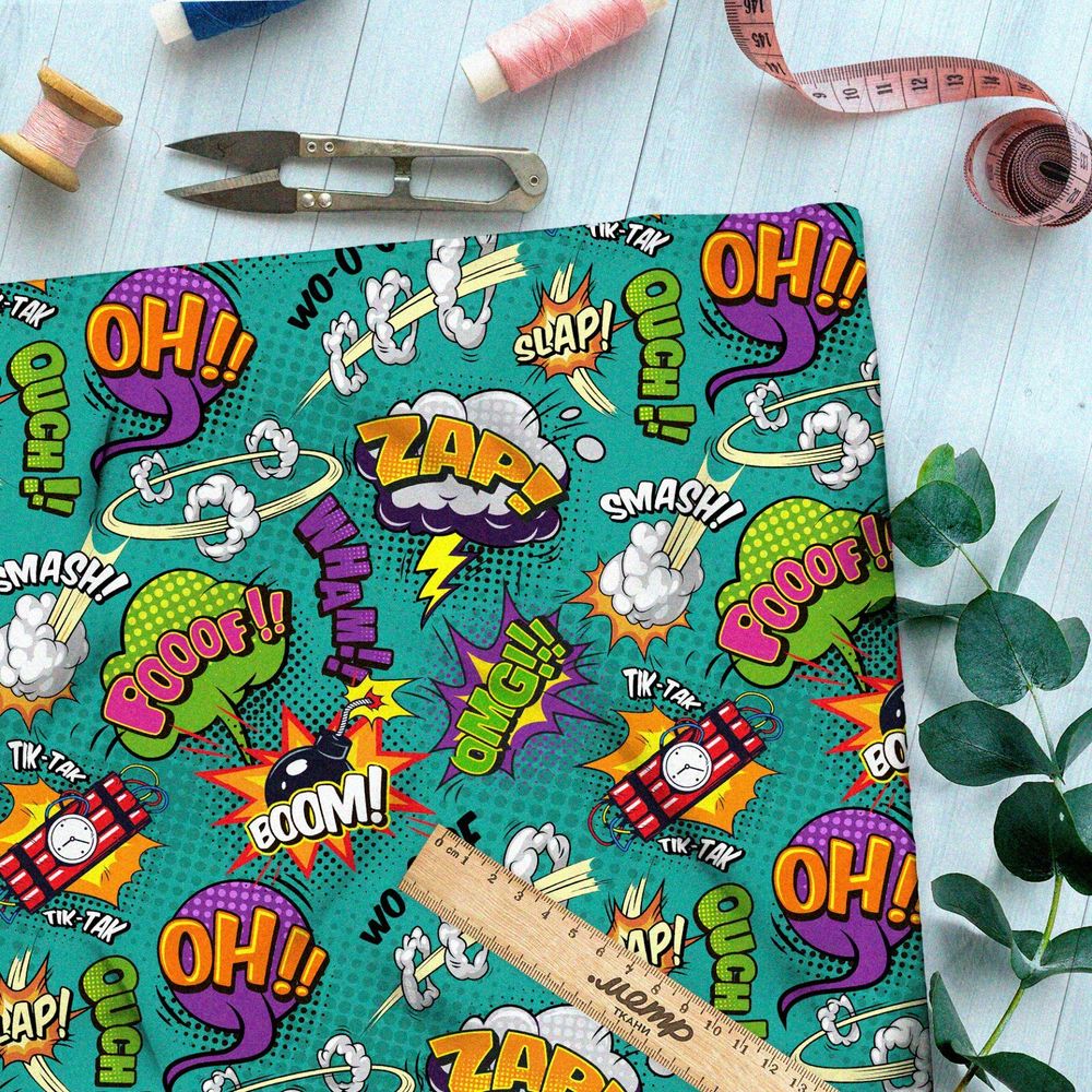 Ткань таффета крупные звуки из комиксов на зелёном фоне