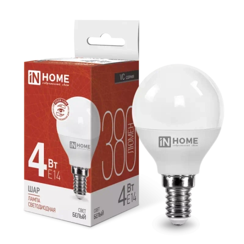 Лампа светодиодная LED-ШАР-VC 4Вт 230В Е14 4000К БЕЛЫЙ 380Лм IN HOME