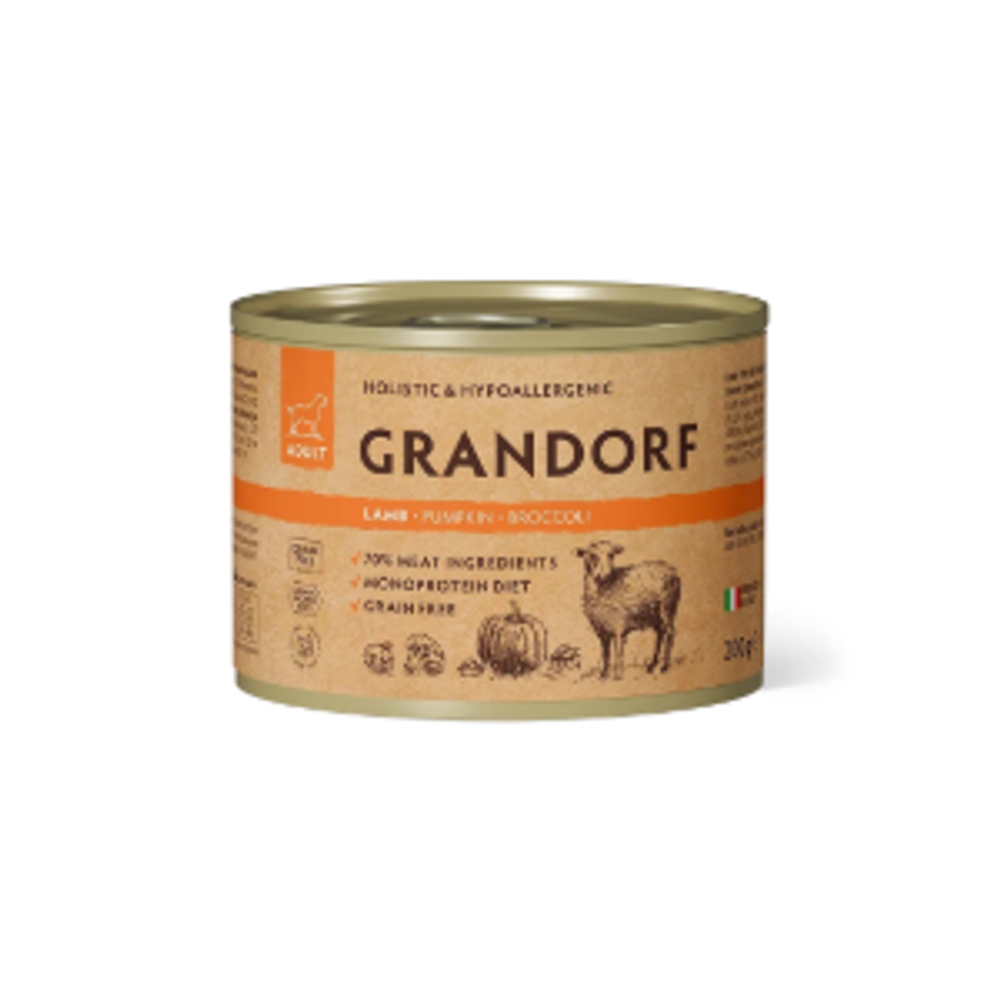 Консервы для собак GRANDORF Lamb pumpkin broccoli pate Монопротеиновый влажный корм из ягненка с тыквой и брокколи для собак 6шт по 200гр