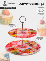 Этажерка-фруктовница круглая Доляна «Сладости», 2 яруса, d=25/20 см, стекло, розовая
