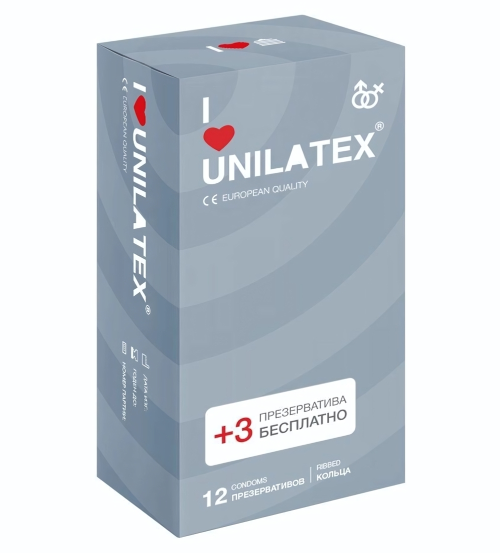 Презервативы с рёбрами Unilatex Ribbed - 12 шт. + 3 шт. в подарок