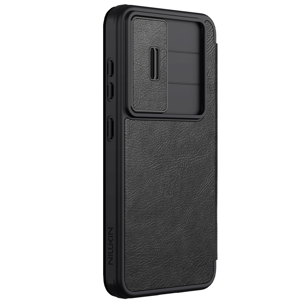 Кожаный чехол книжка черного цвета от Nillkin для Samsung Galaxy S25, серия Qin Pro Leather с сдвижной защитной шторкой для камеры