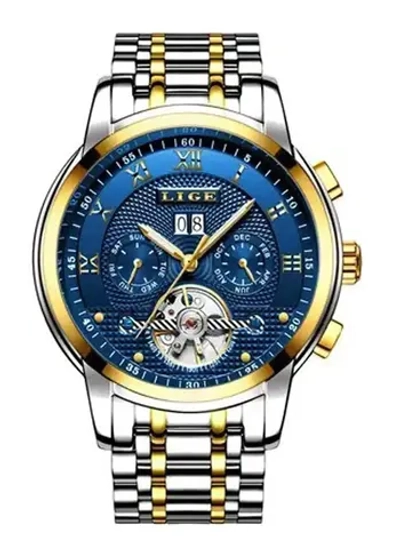 Часы наручные механические с автоподзаводом LIGE на металлическом браслете, золотистый/серебристо-золотистый W9590-02