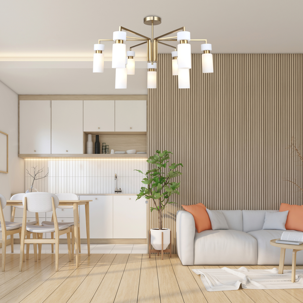 Люстра на штанге 9x40Вт E14, металл/стекло, бронза, белый плафон