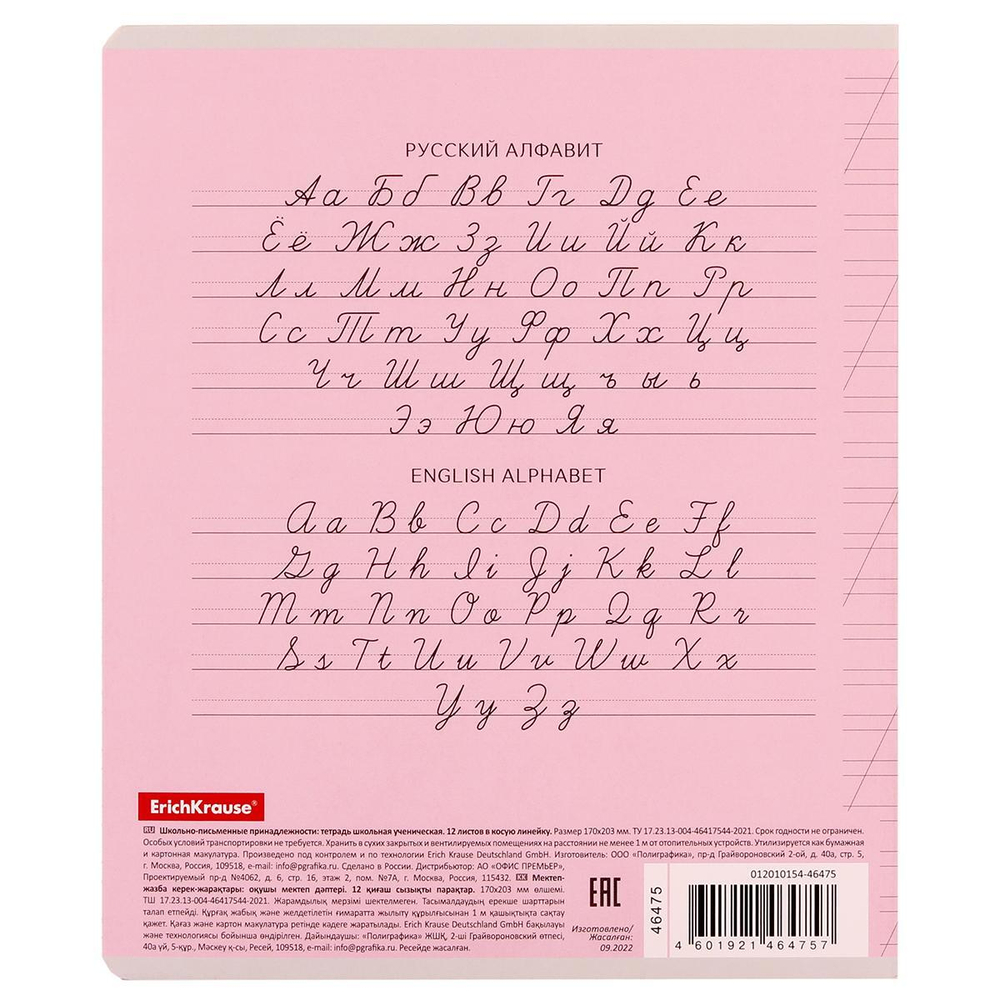 Тетрадь школьная А5 12л косая линия,розовая "Классика" (Erich Krause) микс цветов (комплект 5 шт)