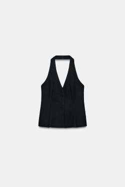 ZARA ТОП-ЖИЛЕТ ХАЛТЕР С ОБТЯЖНЫМИ ПУГОВИЦАМИ, ЧЕРНЫЙ