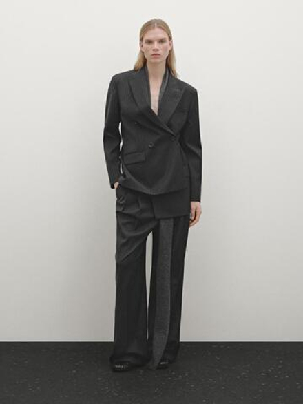Massimo Dutti Двубортный блейзер в тонкую полоску, серый