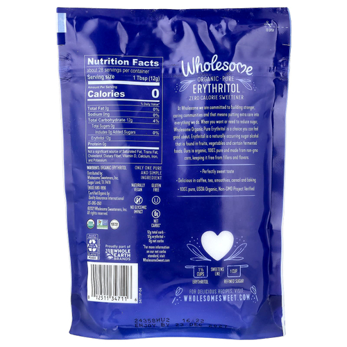 Wholesome Sweeteners, органический чистый эритритол, подсластитель с нулевым содержанием калорий, 340 г (12 унций)