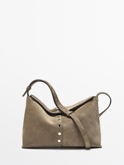 Massimo Dutti Сумка из натуральной кожи с декоративными заклепками, серо-коричневый