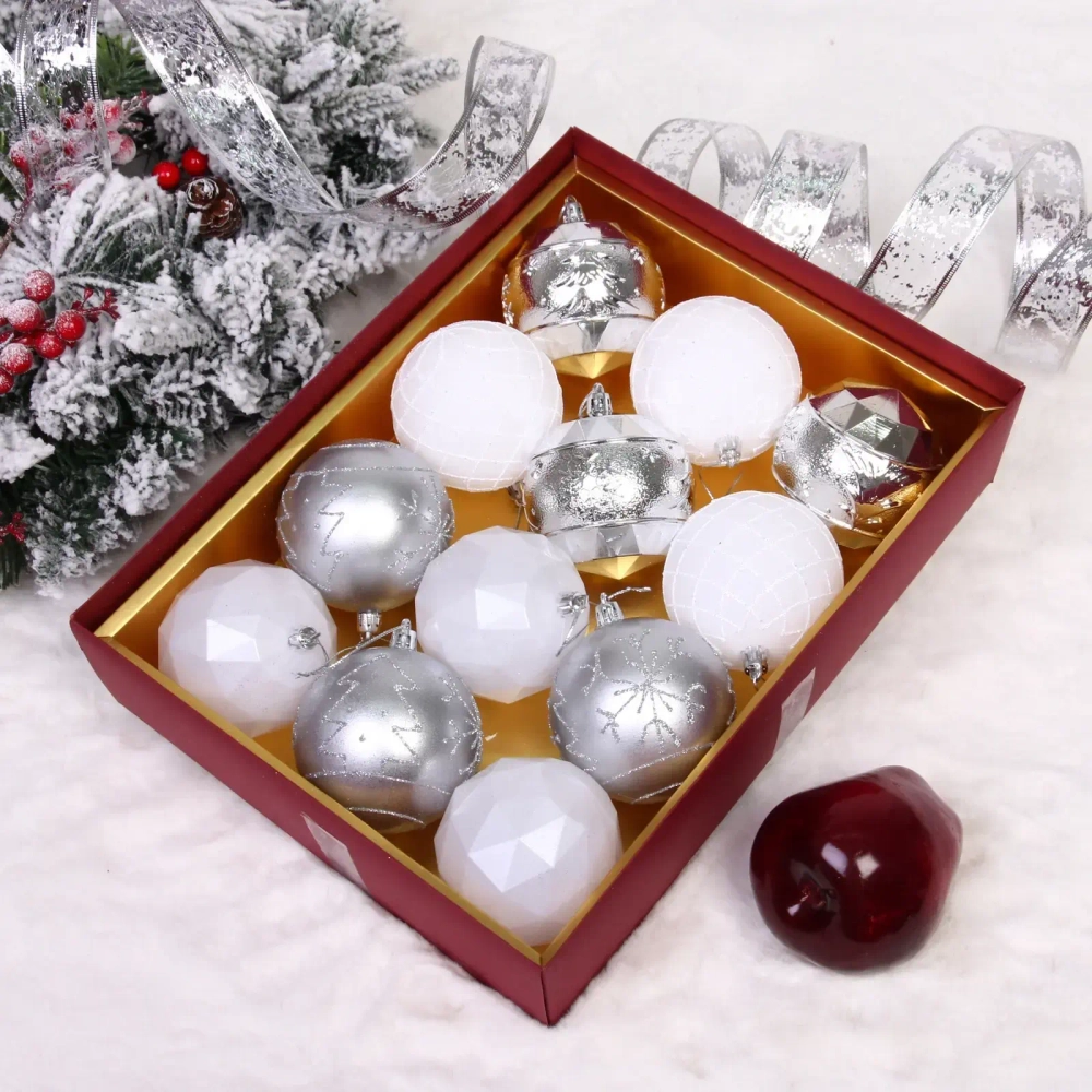 Новогодние шары «Волшебный вальс» 8 см (набор 12 шт), Серебро/Белый