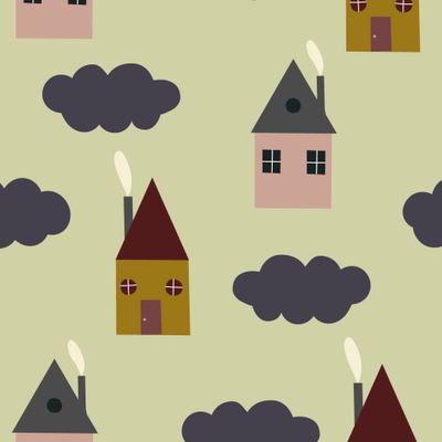 Милые домики и синие облачка в детском стиле