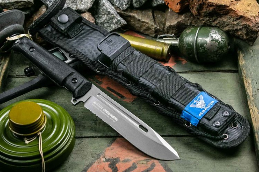 Нож Kizlyar Supreme FELDJAEGER AUS-8 TWS BKH Black (TacWash, Serrated, Black Kraton Handle, Black MOLLE Sheath)