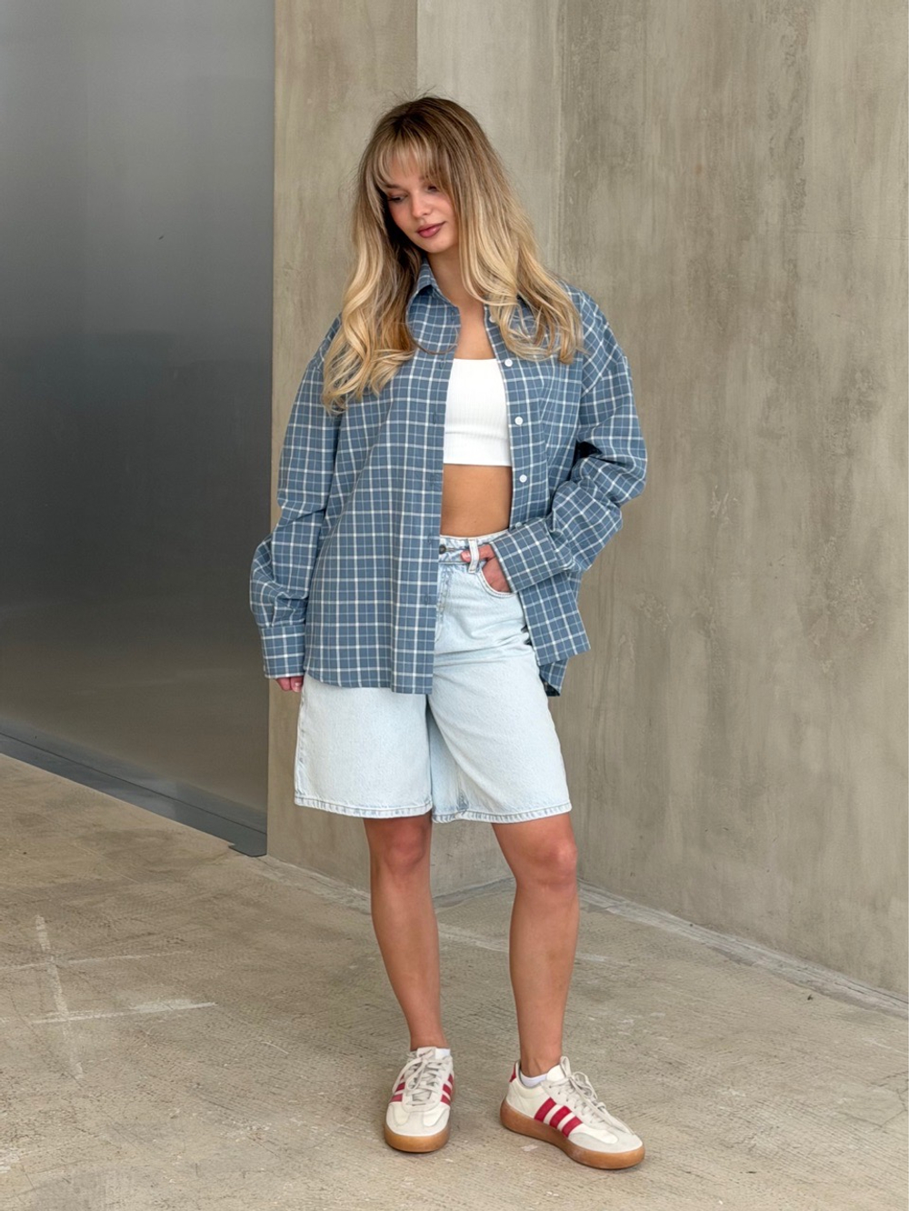 Рубашка из вареного хлопка, голубая