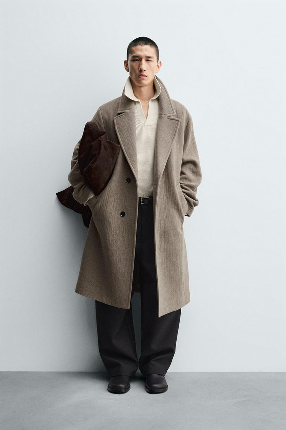 ZARA ПАЛЬТО RELAXED FIT ИЗ ШЕРСТИ, СЕРОВАТО-КОРИЧНЕВЫЙ